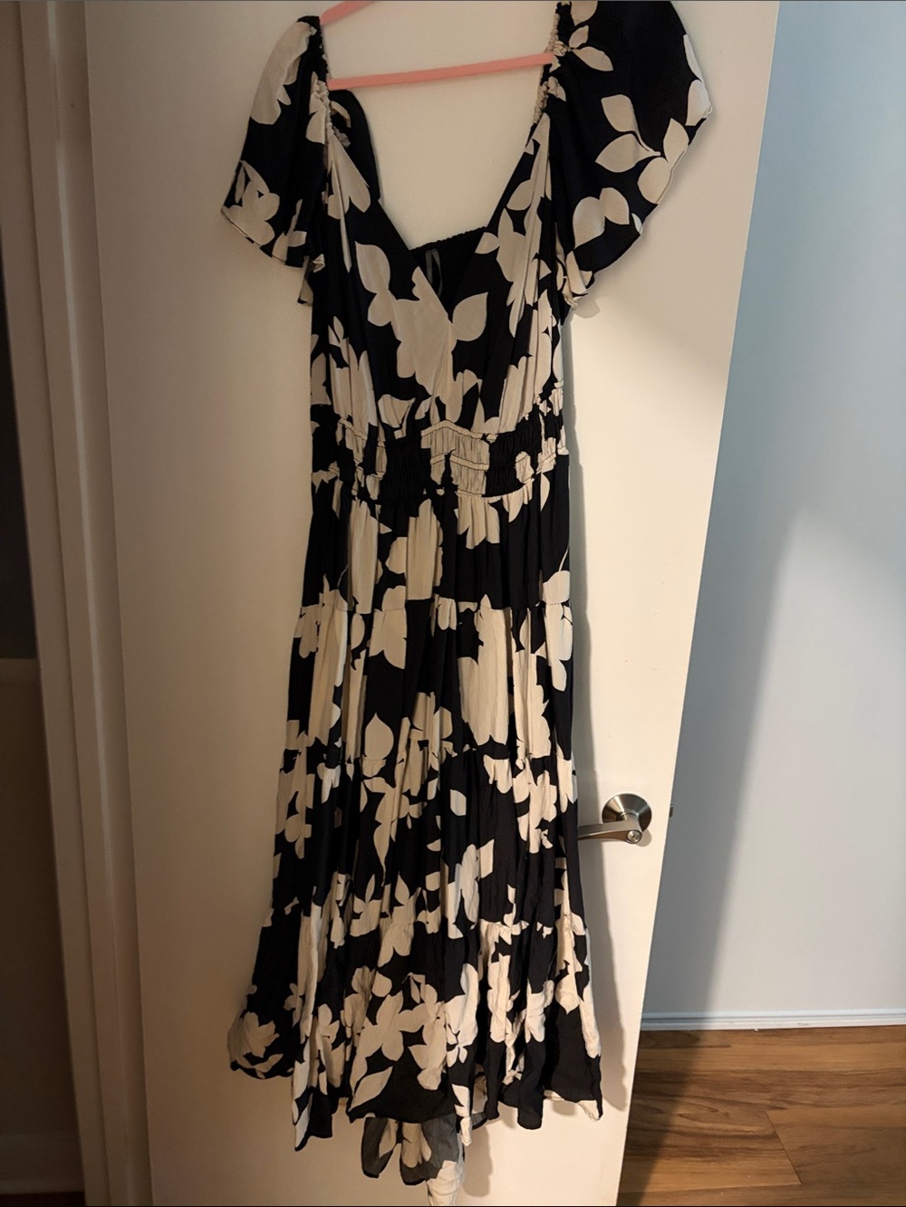 Anthropologie Black and Cream Floral Maxi Dress open back